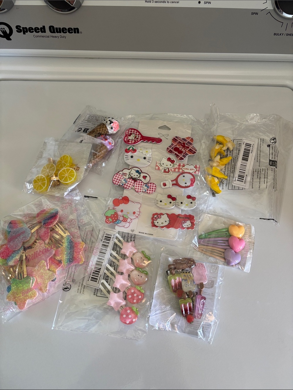 Large Lot of Cute Novelty Hair Clips Hello Kitty Fruit Hearts Ice Cream